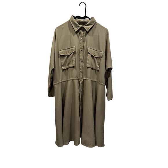 Easel Shirt Dress with drawstring waist oversized safari, Large, Olive - Picture 2 of 3